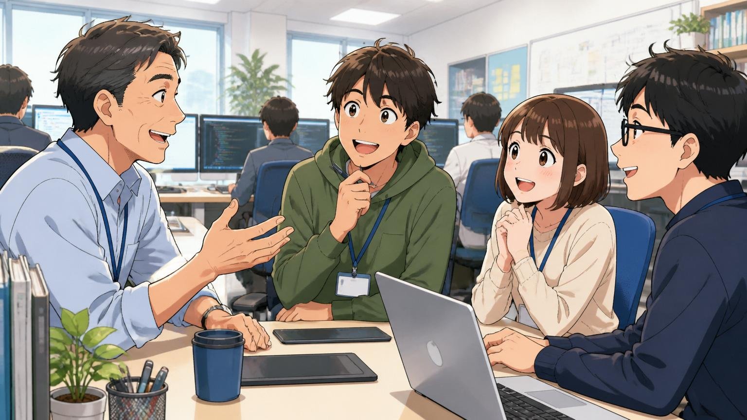 人間関係とカルチャーの穏やかさ。SIerの開発フロアで穏やかに会話する上司と部下3名