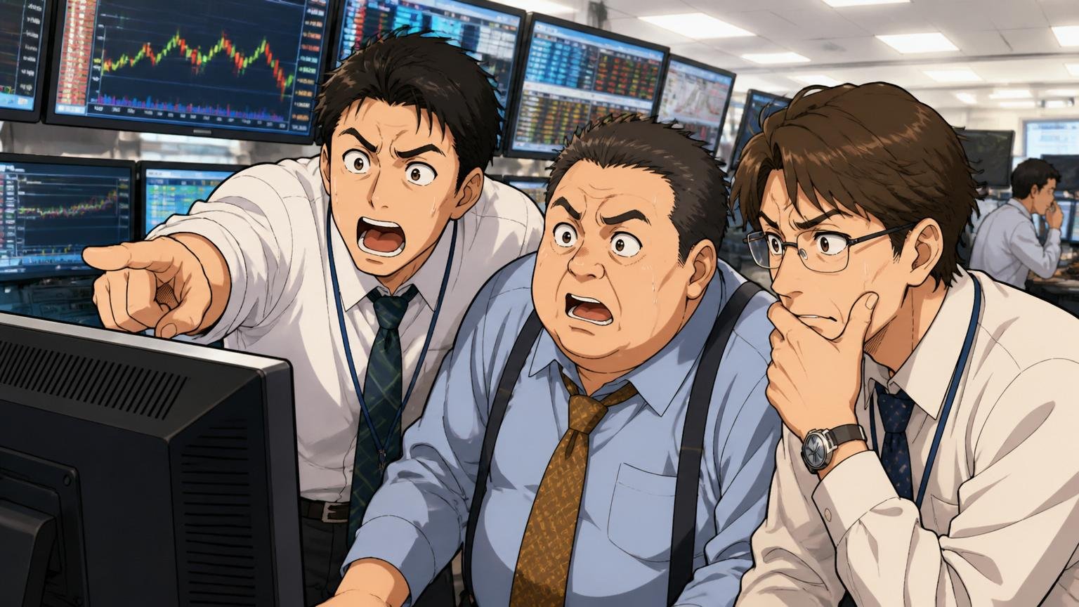 2025年12月期の動き：TOB決算という特殊事情。投資銀行のフロアで投資家3人がモニターを真剣に見つめる