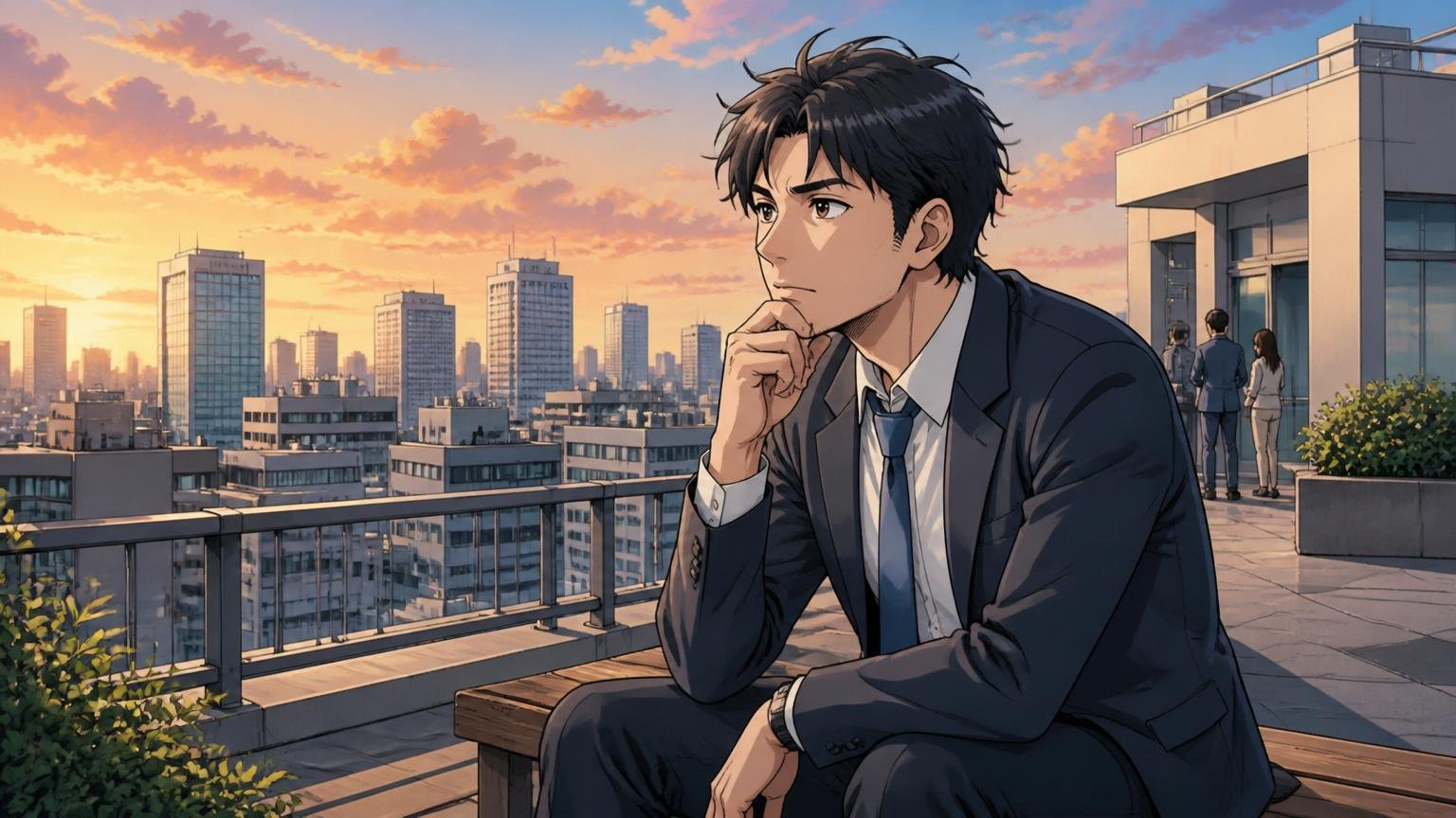 都内のオフィスビル屋上で夕暮れ時にスーツの30代エンジニアが将来のキャリアに思い悩み遠くを見つめる