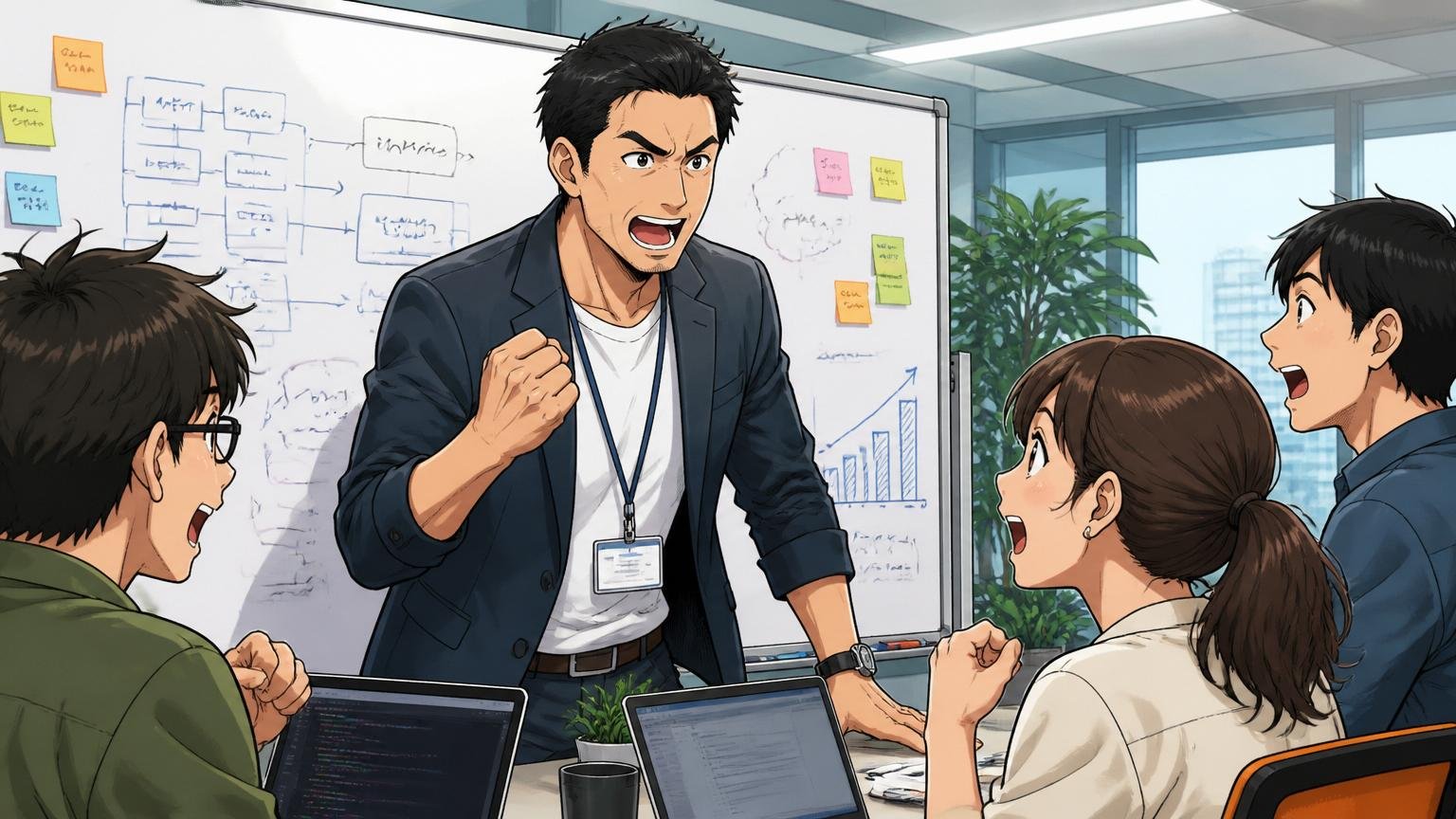 メガベンチャーのオフィスでホワイトボードの前で熱く拳を握って語りかける男性マネージャーと、それを見つめる若手エンジニアたち