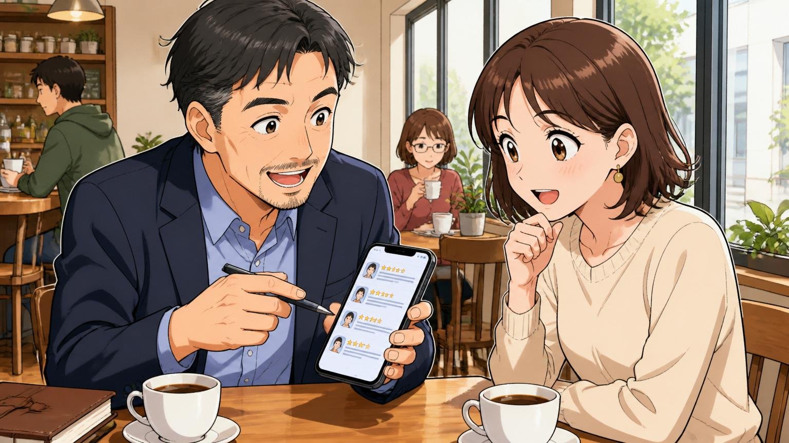 カフェの窓際で40代男性メンターが30代女性に温かい表情で口コミの読み方を説明する