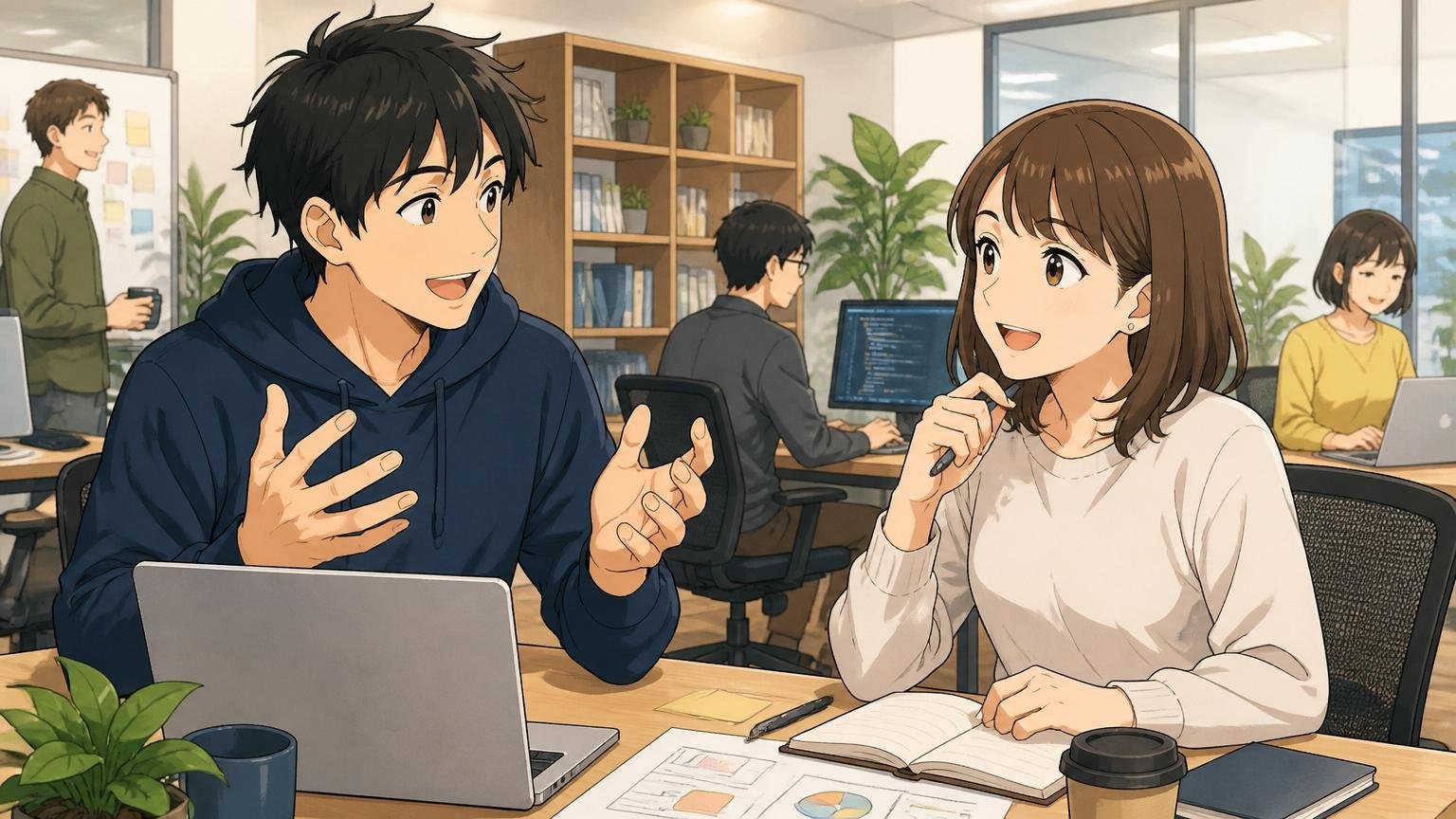 客先常駐＝悪と決めつけられない理由。Web系スタートアップのオフィスで、男性社員1人と女性社員1人が穏やかに会話しながらキャリアの選択肢について話し合っている