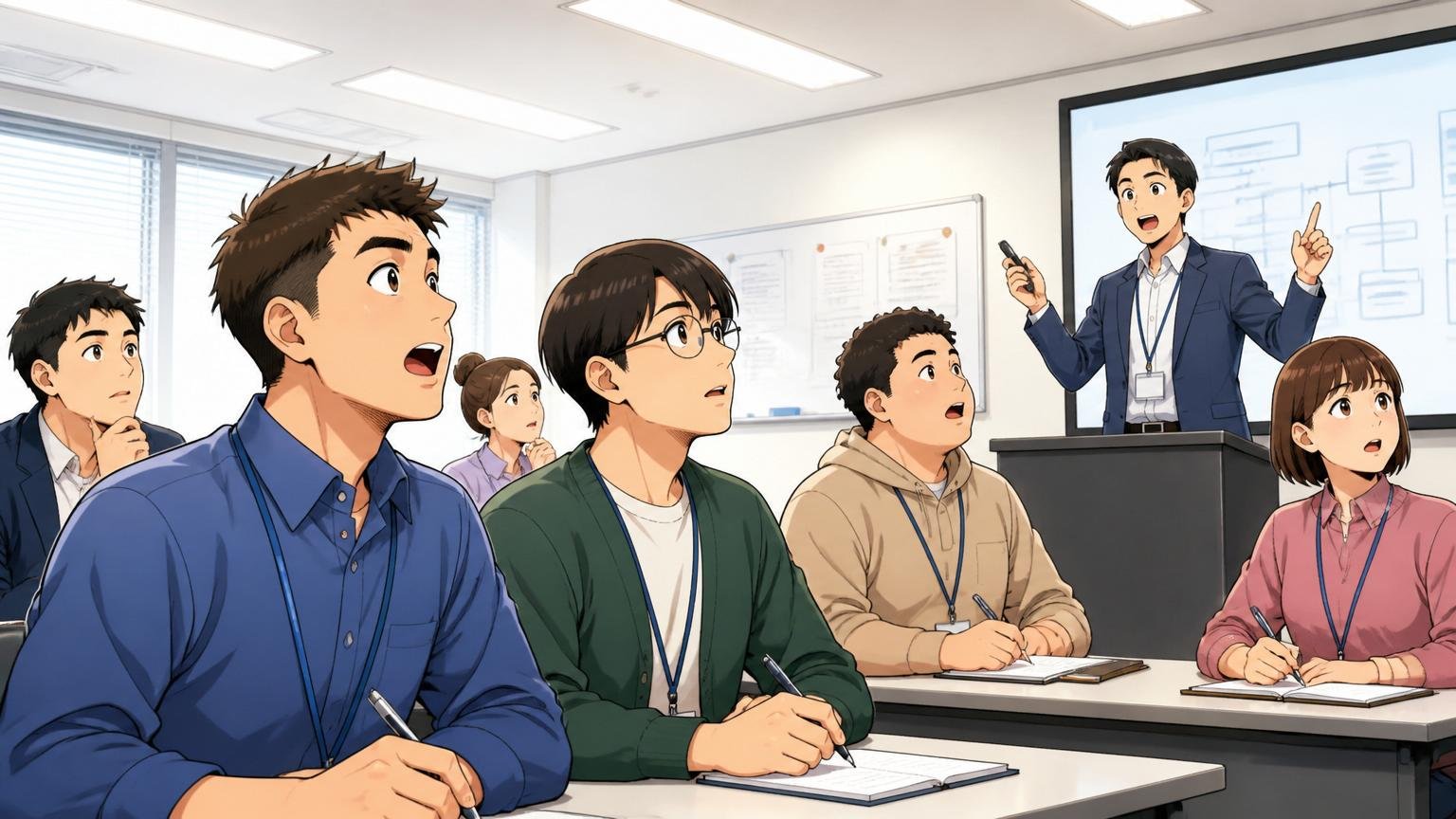 研修・福利厚生充実。大企業の研修ルームで新人エンジニア複数人が真剣に座学を受ける場面