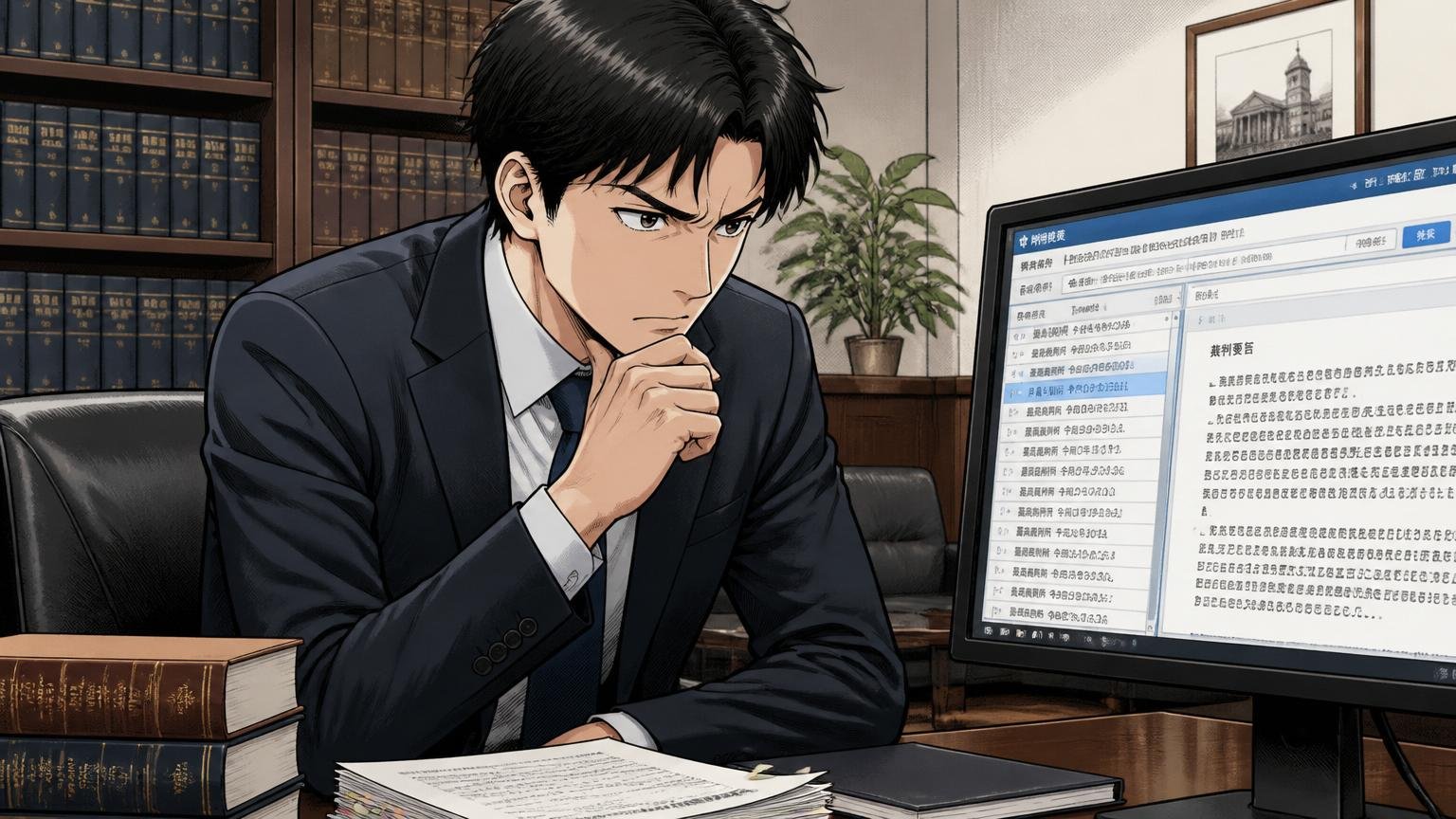 本当にアウトな黒の客観的事実。法律事務所の応接室で30代男性弁護士1人が判例検索画面と向き合い真剣に確認する表情