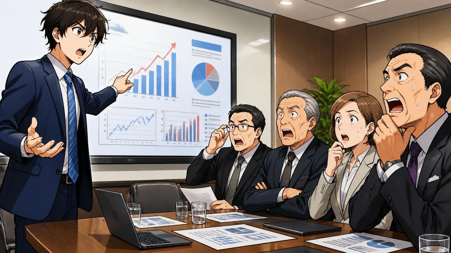 役員会議室で経営層の前でプレゼンする若手コンサルタントと困惑する役員たち
