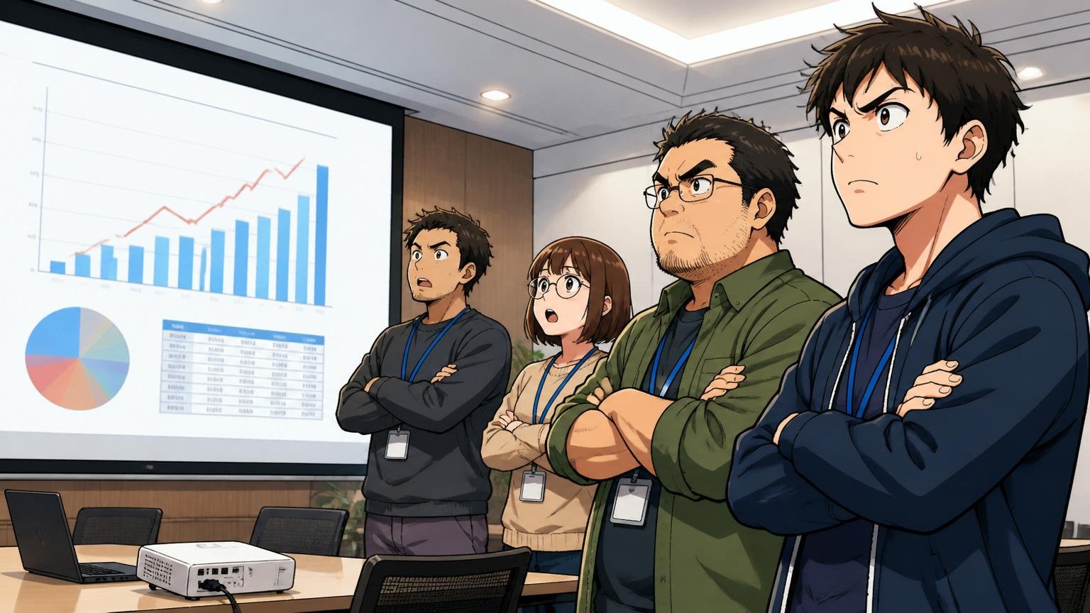 企業の大会議室で、エンジニア複数人が決算発表のプロジェクター画面を見て腕組みする