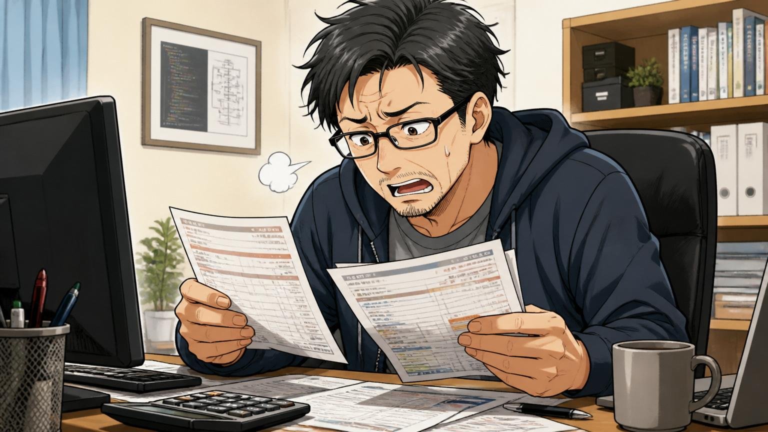 自宅のデスクで明細を見比べながらため息をつく40代男性エンジニア