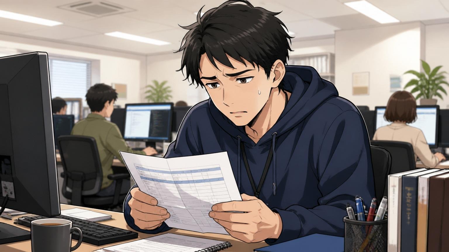 オフィスのデスクで給与明細を確認する20代後半男性エンジニアが浮かない表情を浮かべる場面