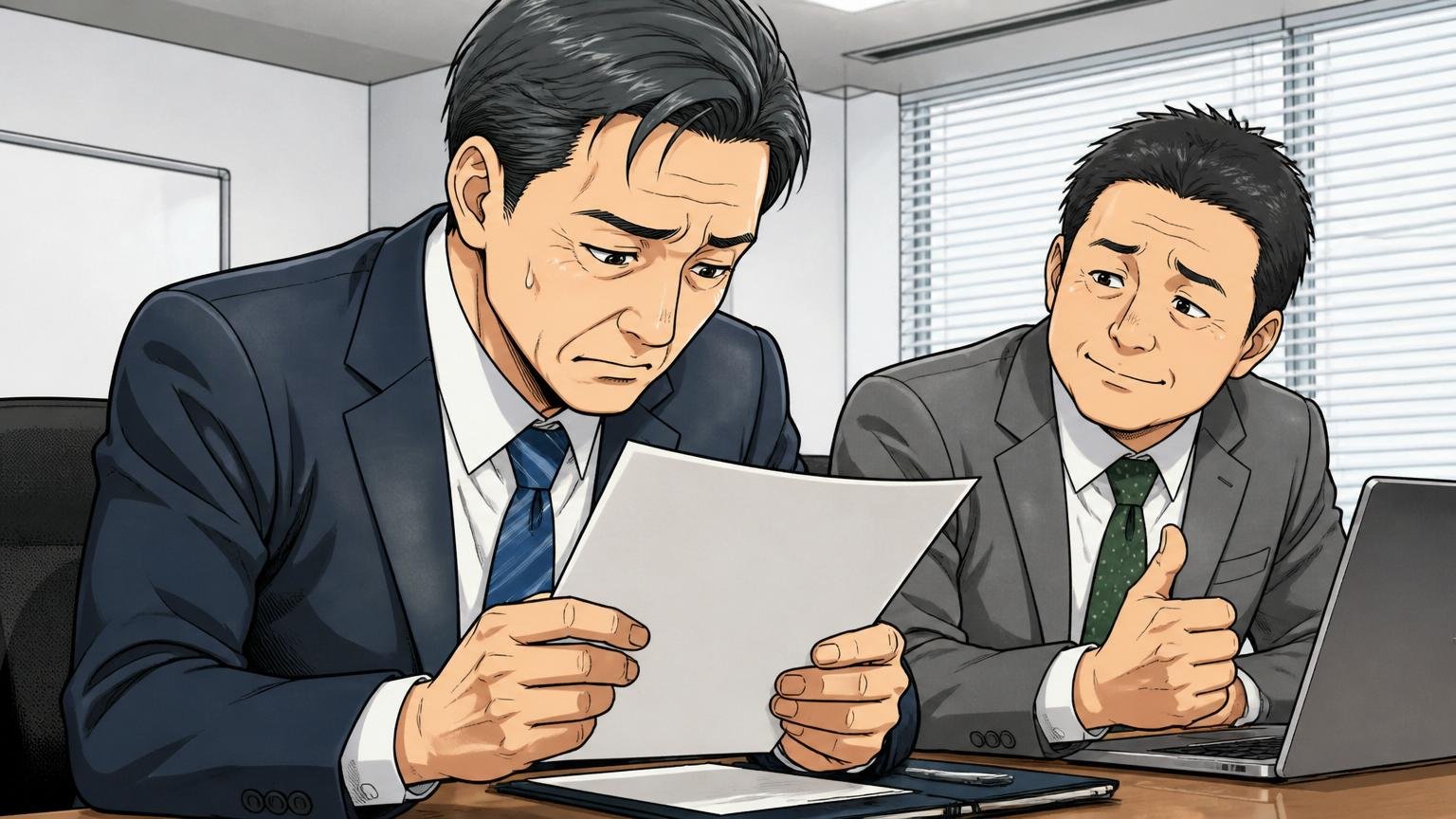 企業の会議室で役職定年通知を見つめる50代男性社員、複雑な表情、隣で頷く同僚