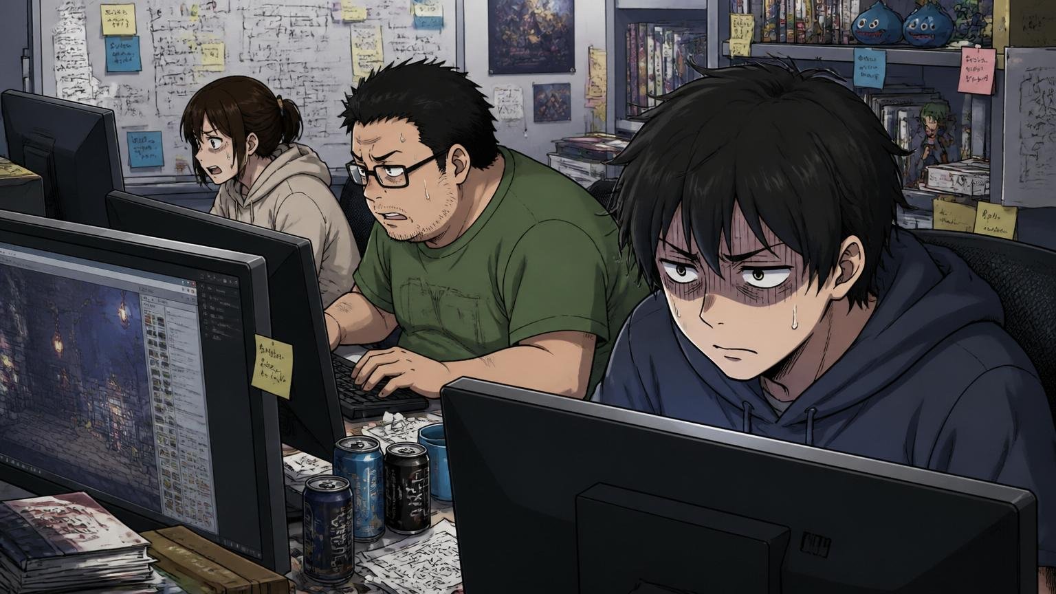 深夜のゲーム開発スタジオで新作リリース前の繁忙期の残業に追われ、疲れた表情でモニターに向かう複数のエンジニア3人