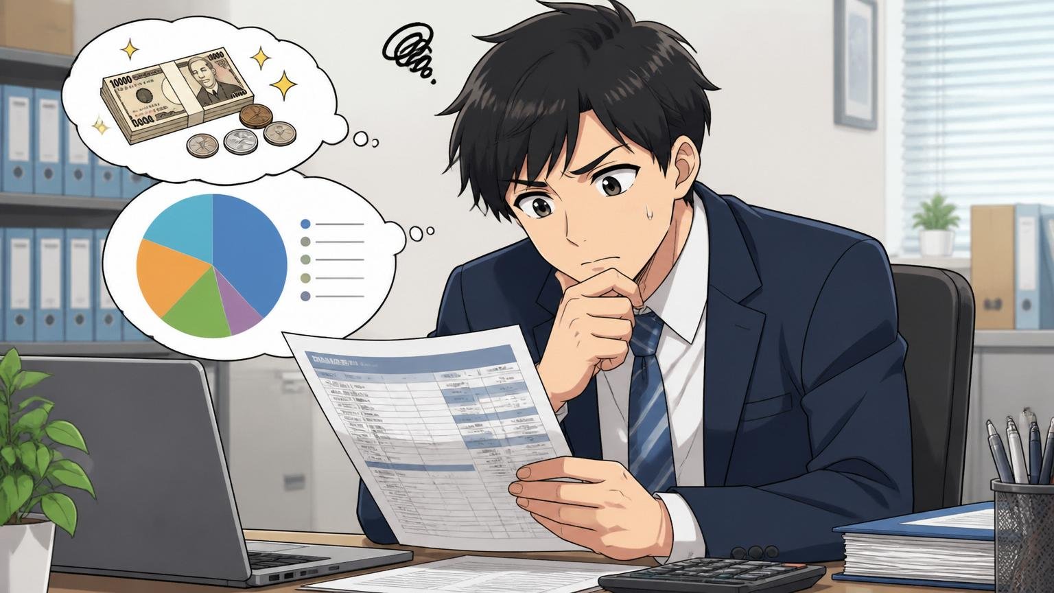 給与の中身と基本給比率。オフィスのデスクで給与明細を見る20代男性が考え込む