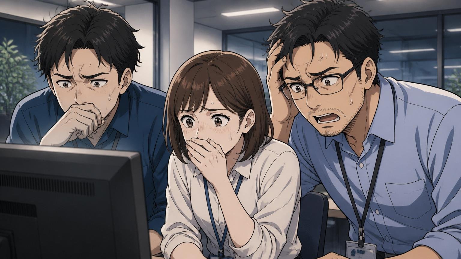 WFRという将来への不安。外資系IT企業のオフィスで男女社員3人が暗い表情でニュースを見つめる