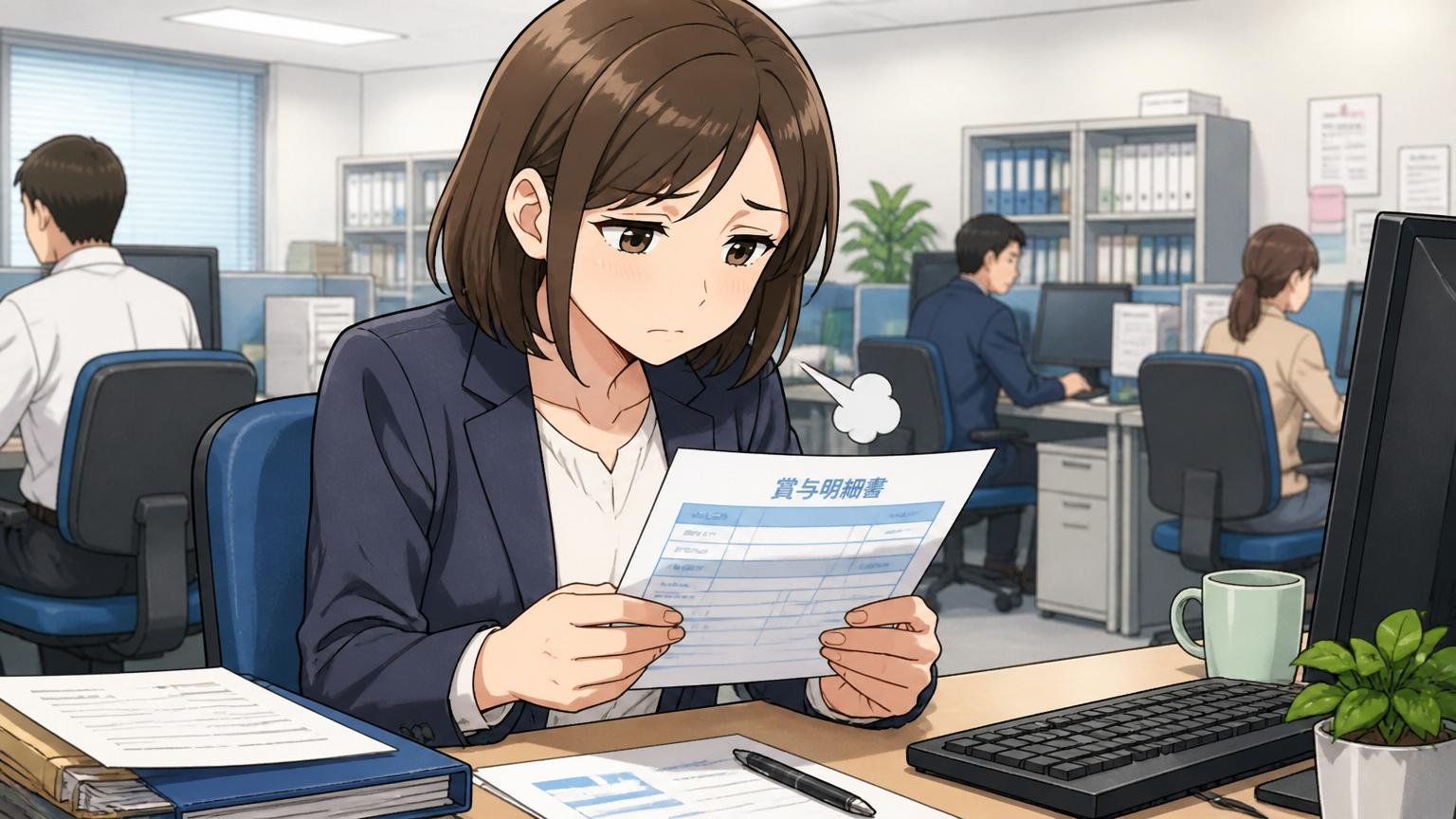 賞与の伸びしろが限定的。オフィスでボーナス明細を見て小さくため息をつく30代女性社員