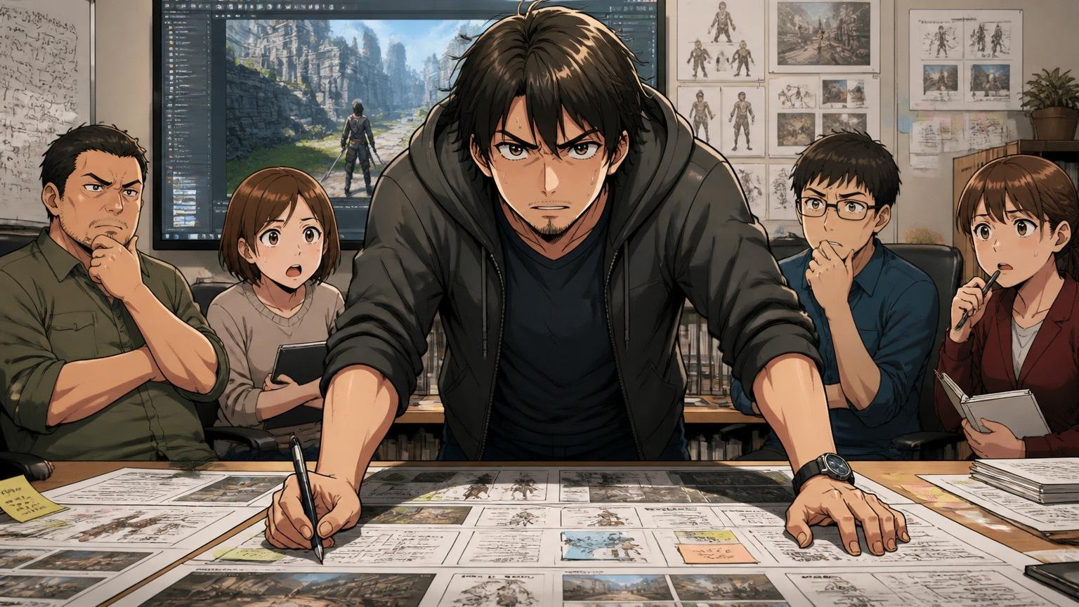 ゲーム開発スタジオでマスター前の重い責任を背負い真剣な表情でレビューに臨むリードエンジニア1人