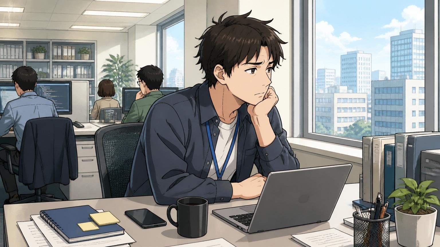 GMOインターネットで役職に就かず年収が頭打ちになる将来を不安に思う中堅エンジニア、IT企業のオフィス、1人、窓の外を見て考え込む