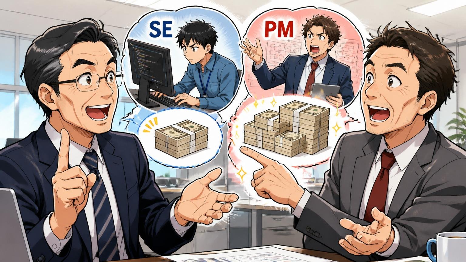比較軸3職種SE職とPM職で年収は違う。オフィスでSEとPMの違いを説明するベテラン社員2人