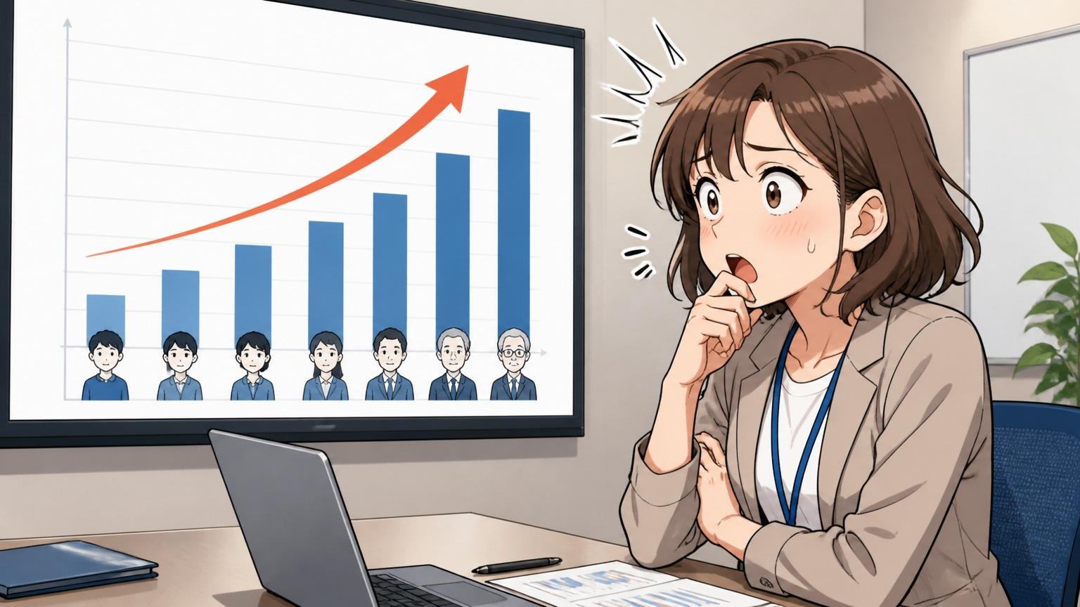 年代別に見ると若手の年収の現実が分かる。SIerの会議室で年代別グラフを見て納得する女性エンジニア1人