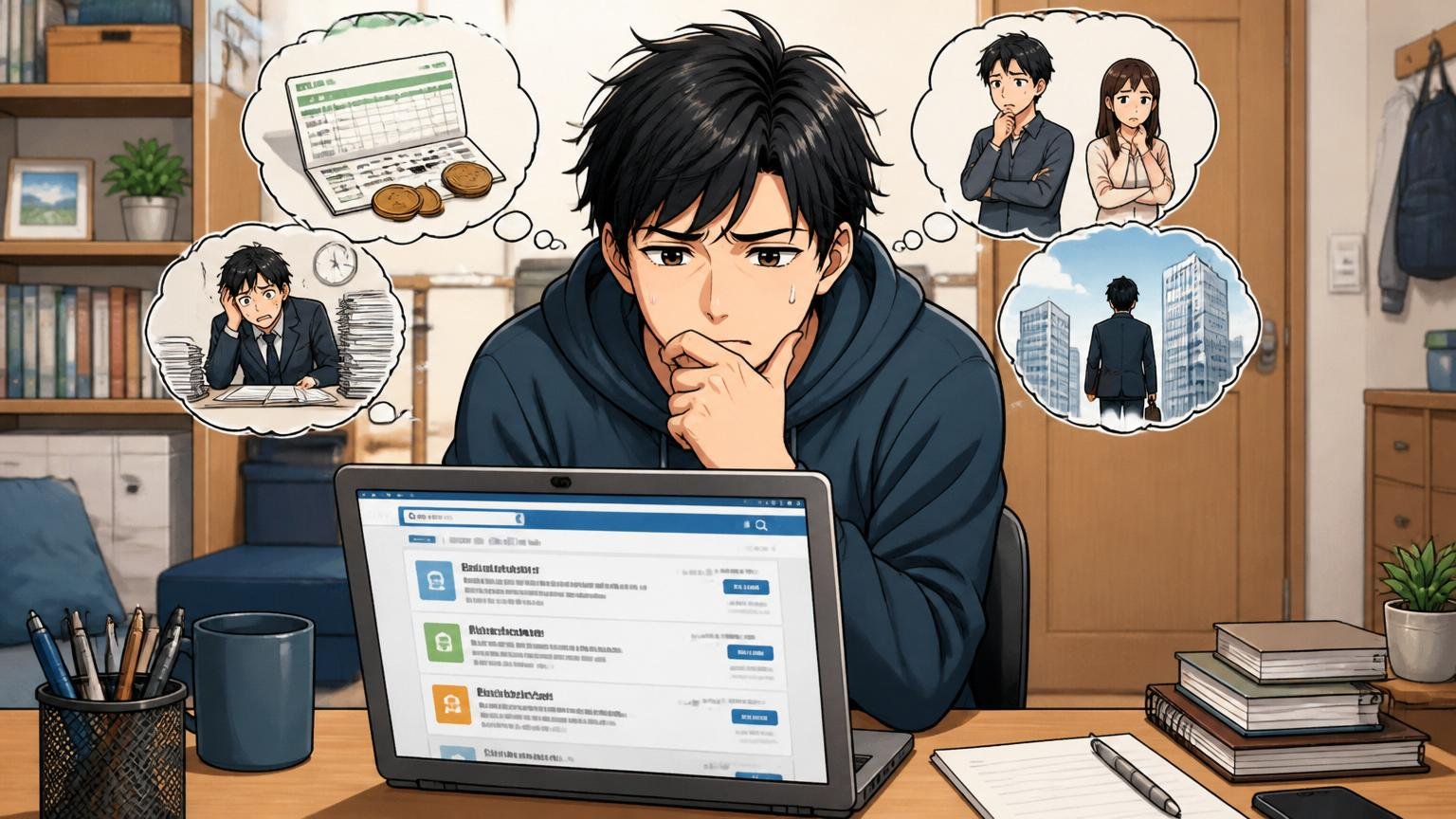 それでも年収が低いと退職を考える人が多い本当の理由、自宅のデスクで転職サイトを開いて悩むエンジニア1人、迷う表情