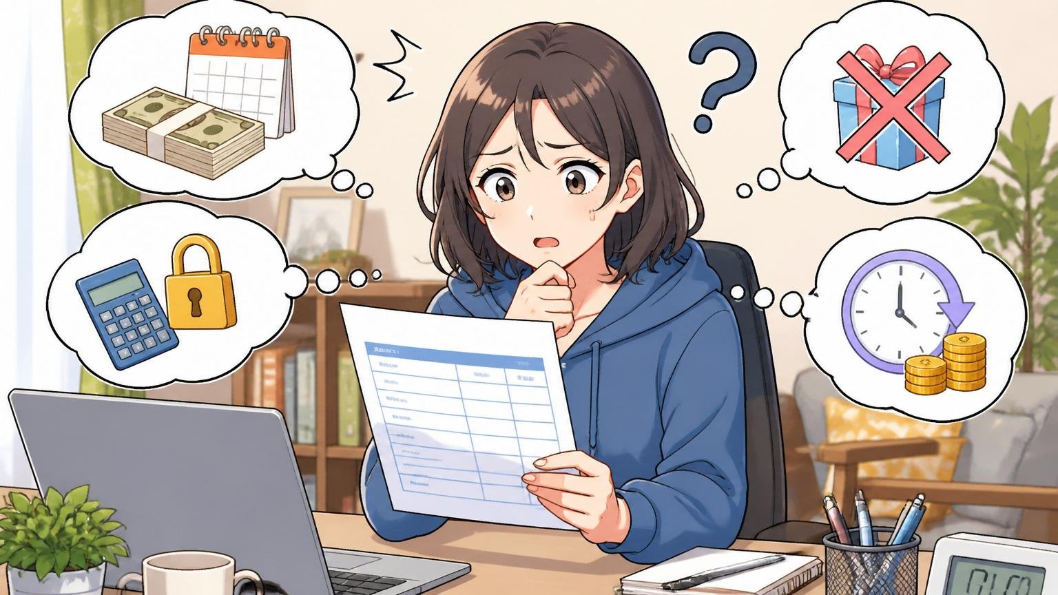 年俸制・賞与なし・固定残業代という給与の内訳。自宅のデスクで30代女性エンジニアが給与明細に首をかしげる