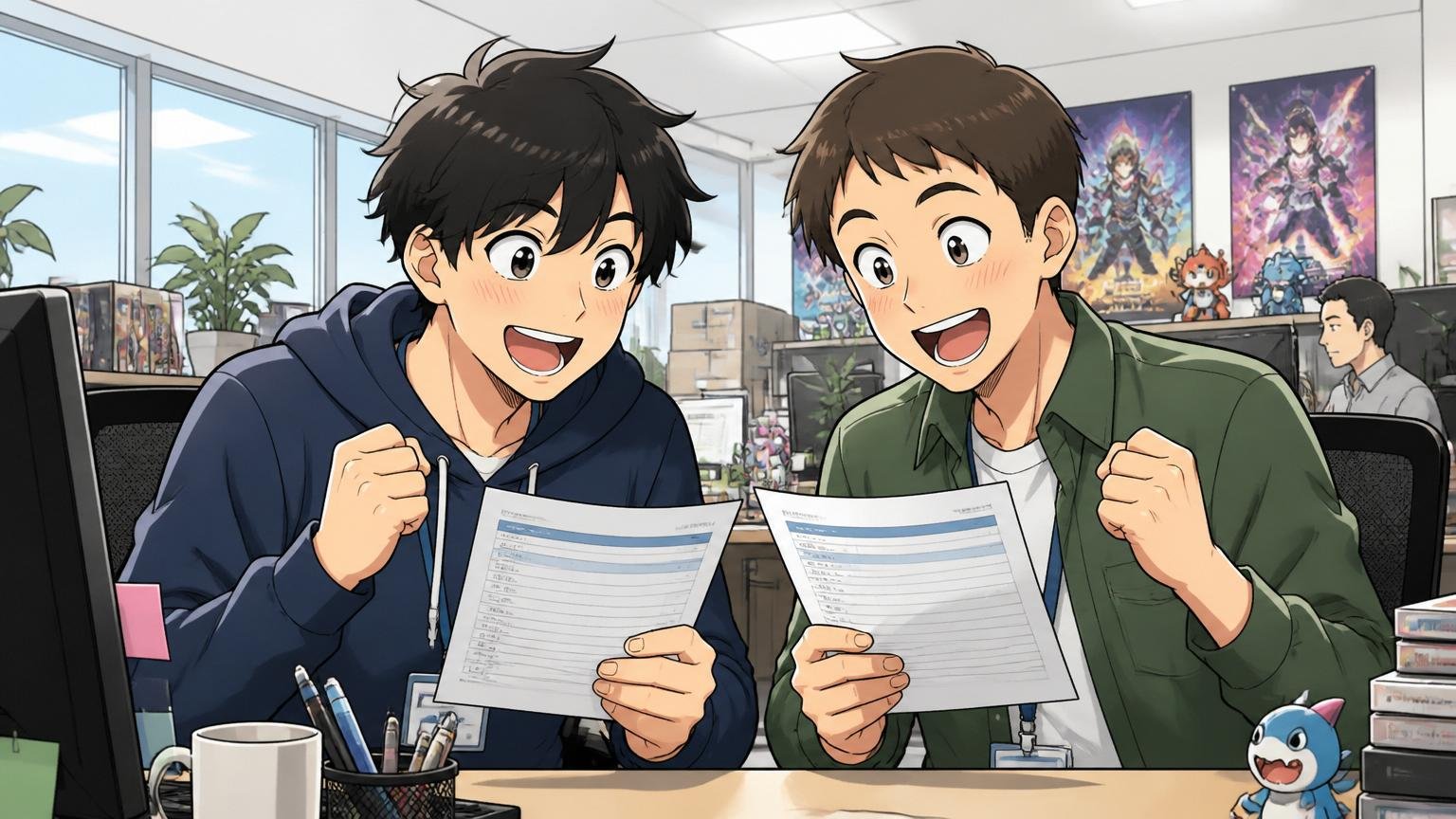 改善の兆しもある新しい口コミの声。ゲーム会社のオフィスで明るい表情で給与明細を見る若手男性社員2人