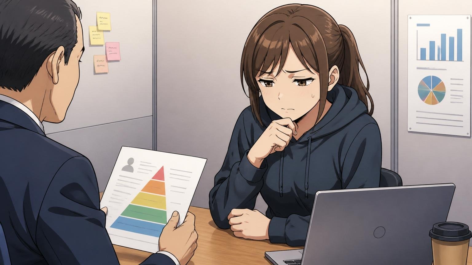 グレード制で評価が上がらなければ年収は据え置き。面談ブースで評価結果に複雑な表情の女性エンジニア