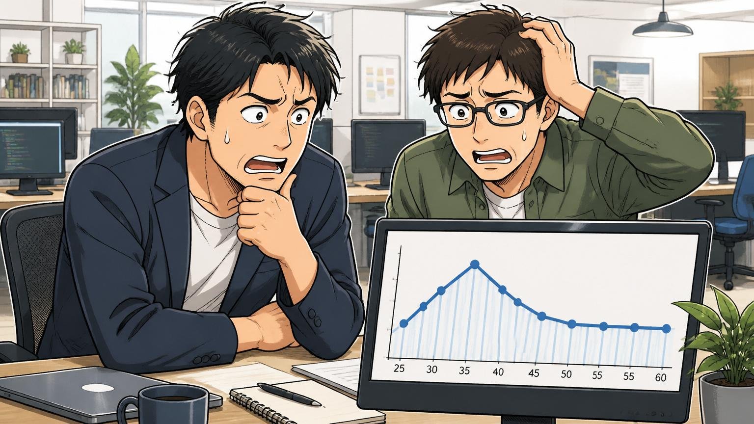 35歳前後で年収カーブが寝てしまう、Web系企業のオフィスで30代社員2人が年収推移グラフを見て不安げ