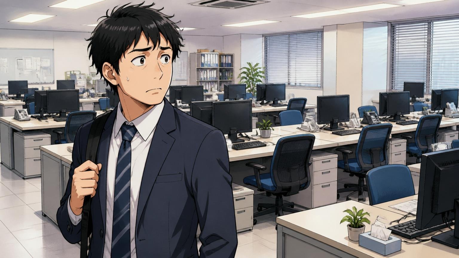 このまま残ると選択肢が狭まる。空席が目立つSES企業のオフィスを不安げに見渡す30代男性社員