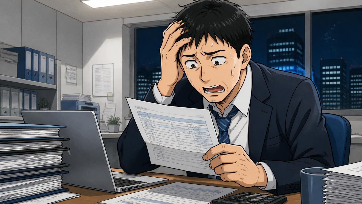 残業規制で残業代が減り手取りが下がった。夜のオフィスで給与明細を見て困惑する男性社員1人