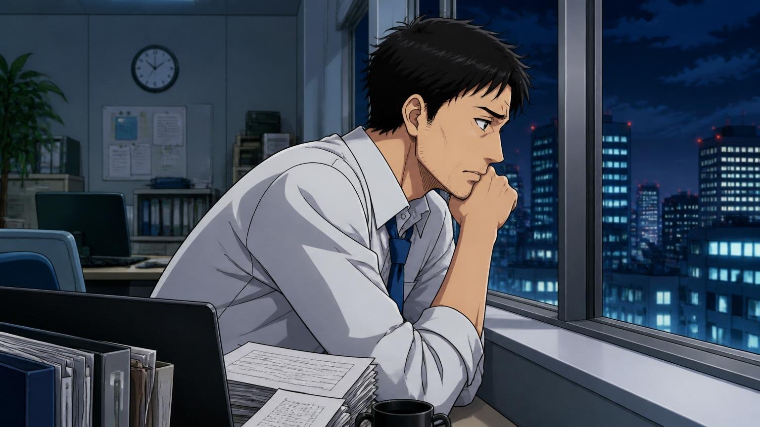 「このまま伸びるのか」という将来の見通しのなさ。夜のオフィスで30代男性が窓の外を見て不安げ