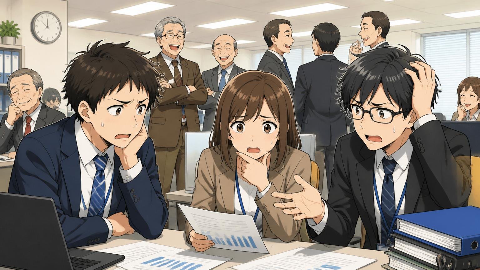 中高年が多い世代構成が若手の昇給を圧迫。オフィスで若手社員3人が困った表情で話し合う