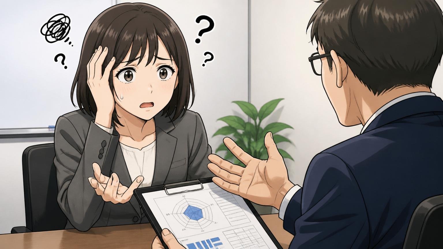評価制度の不透明さで何をすれば上がるか分からない。会議室で女性社員が評価面談で困惑した表情