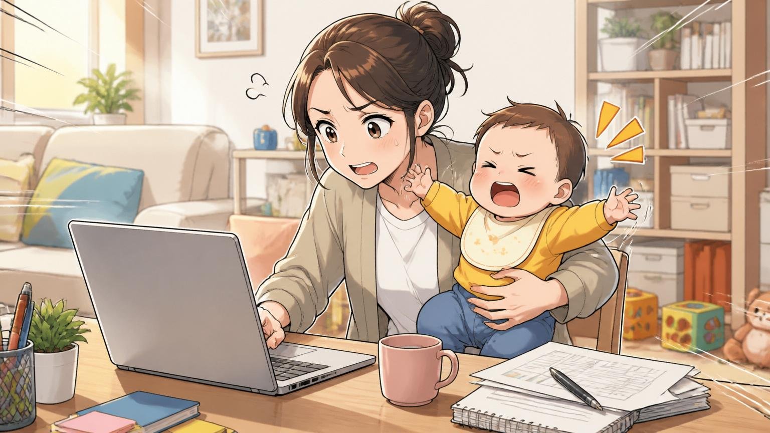 育児しながらノートPCで在宅勤務する場面。自宅のリビングで30代女性が子どもをあやしながらノートPCに向かう。子ども含めて2人のシーン