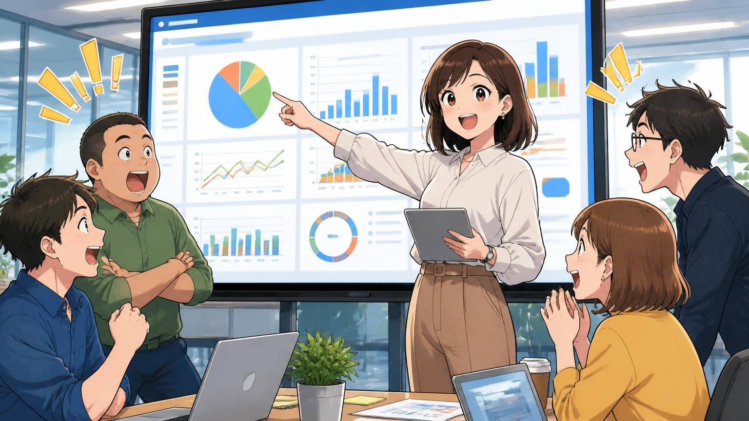 SaaS企業のオープンオフィスで30代女性BtoBマーケターが大型ダッシュボードを指差してチームに説明する活気ある場面