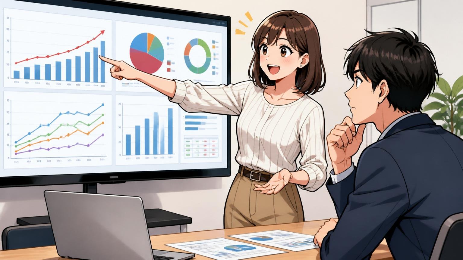 資産③データドリブンな意思決定文化。Web系事業会社のミーティングルームで、30代女性データアナリストが20代後半男性ディレクターに大型ディスプレイのダッシュボード数値を指差しながら説明している