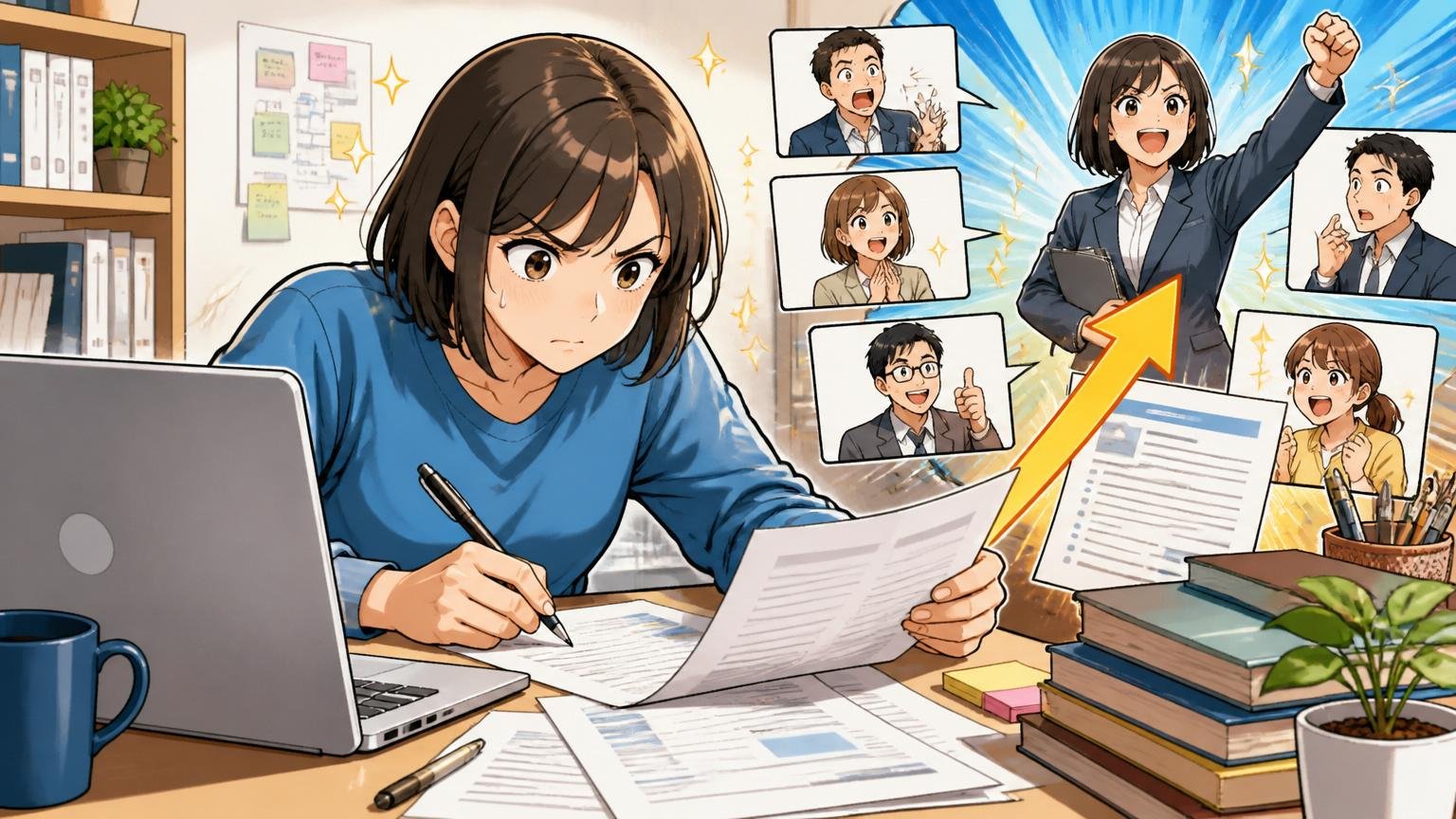 技術スキルの見せ方を変えるだけで通過率は上がる｜自宅のデスクで職務経歴書を真剣に書き直す30代女性エンジニア