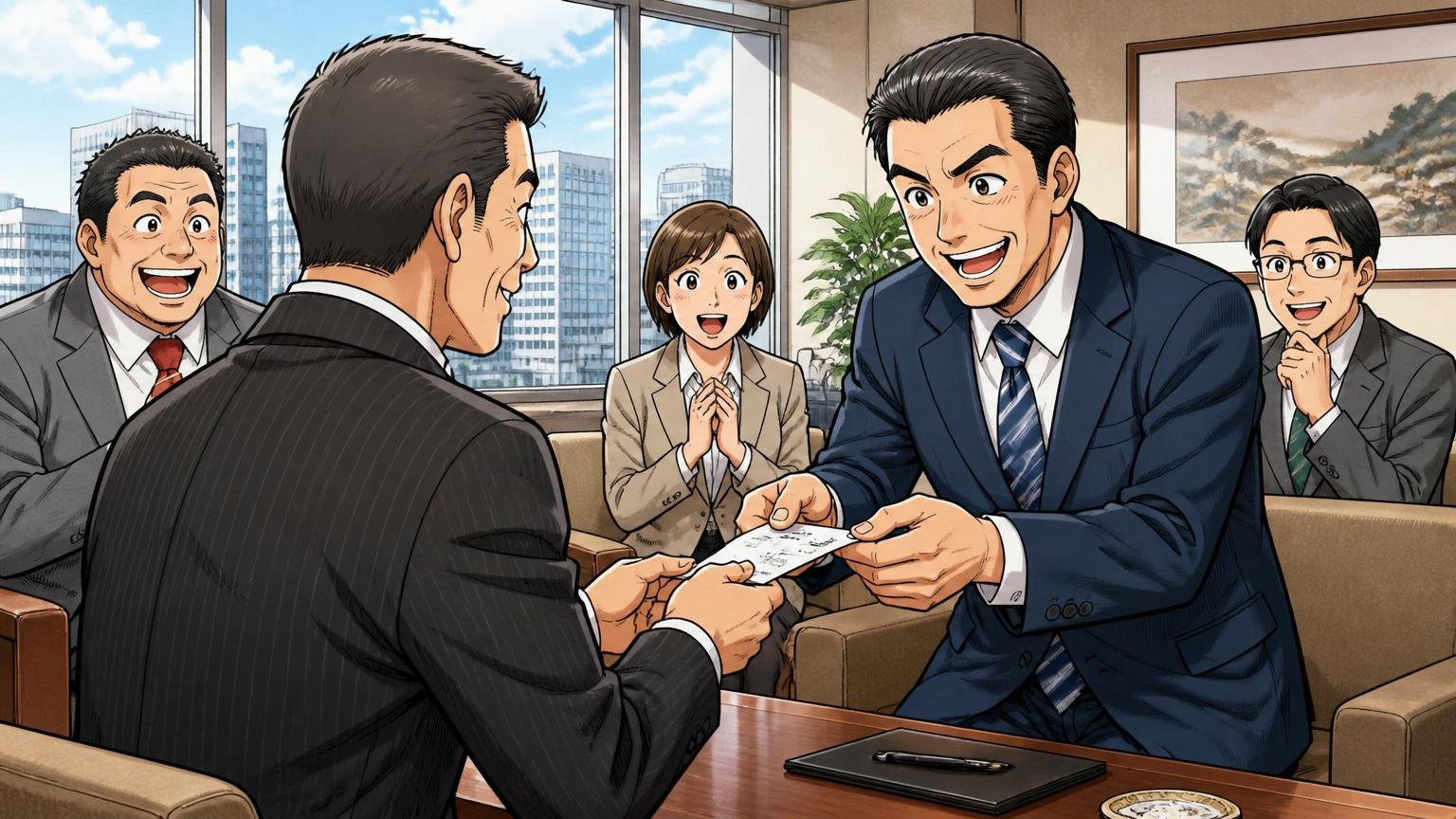 大企業ネームバリューと顧客基盤の安心感。大手企業の応接室で40代スーツの男性営業が大型案件の名刺交換を行う風景