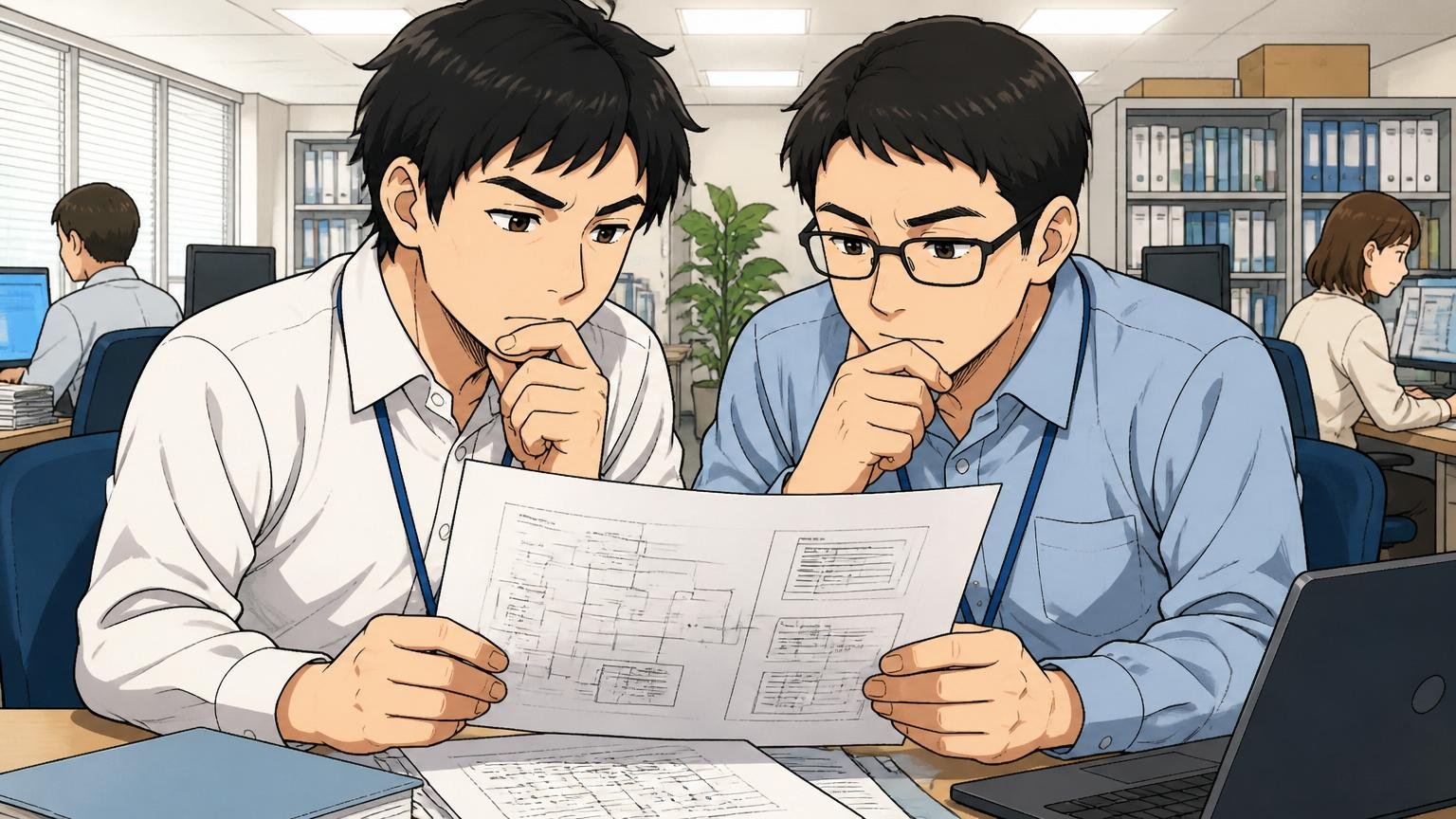 非IT系の事業会社のオフィスで自社システムの仕様書を眺める30代の社内SE2人、落ち着いた表情