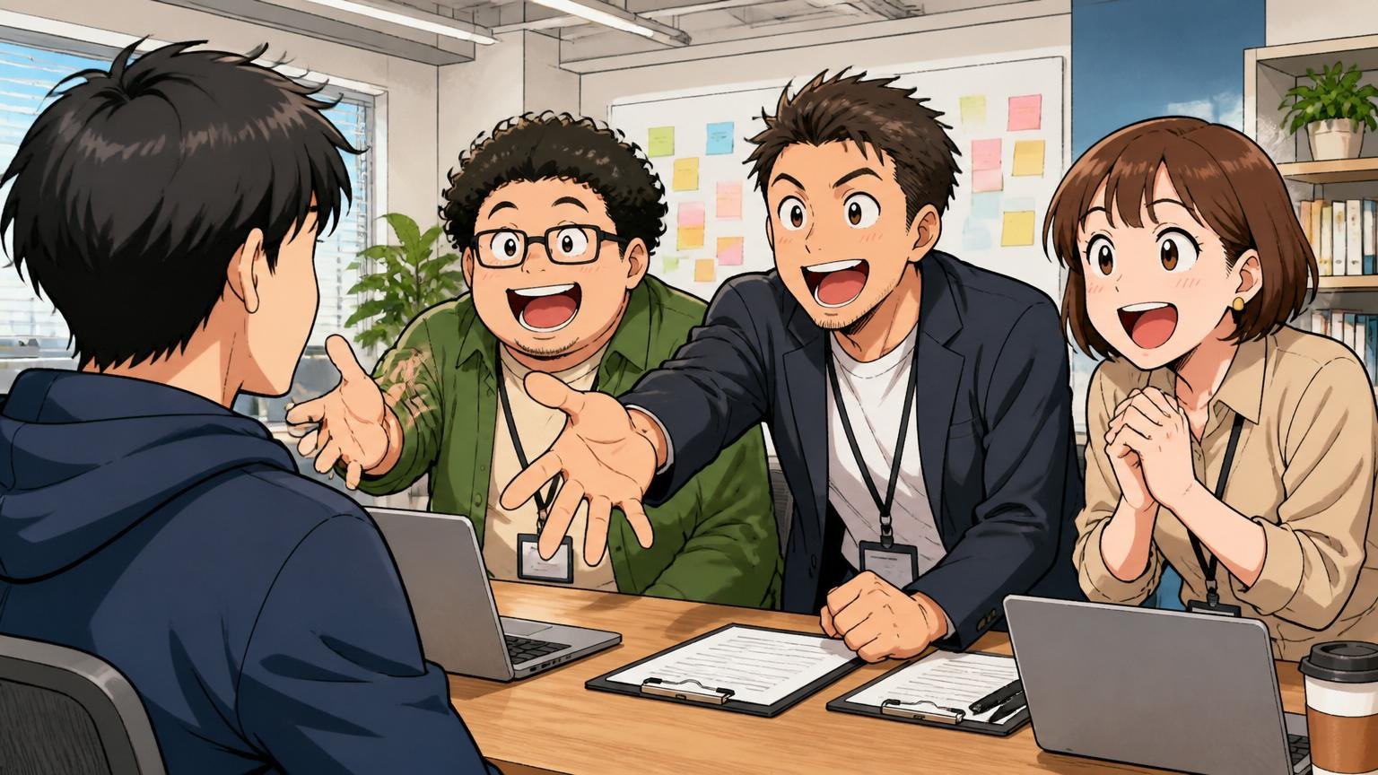 Web系スタートアップのオフィスで採用面接の場面、面接官3人がエンジニア1人を歓迎するように身を乗り出す