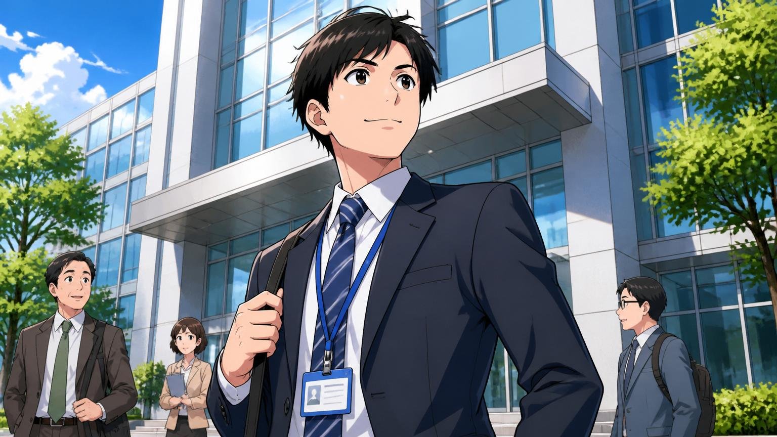 日立システムズ本社ビルの前で社員バッジをつけた30代男性社員、社会的信用の象徴的場面
