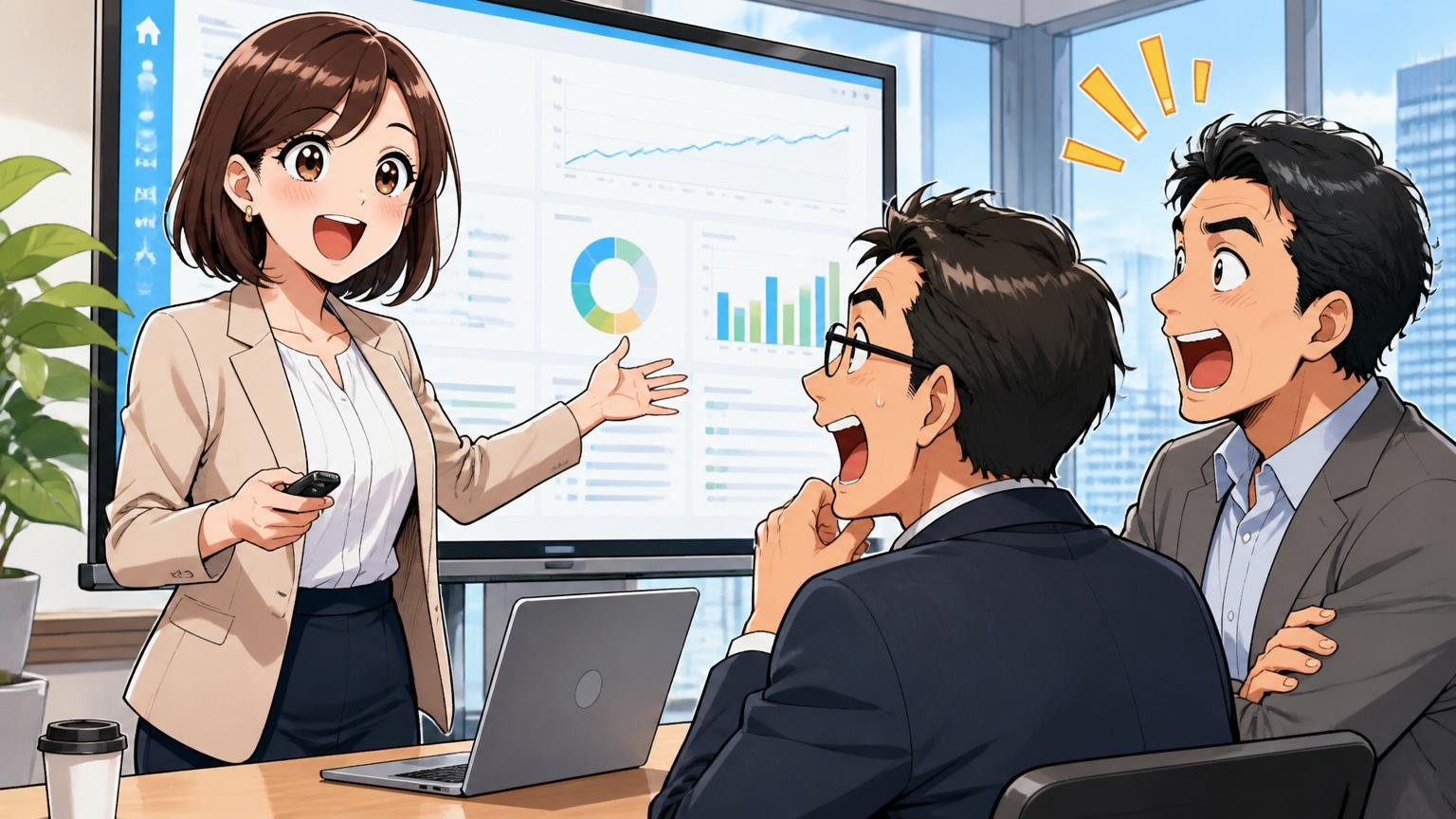 外資系SaaS企業のオフィスでプロダクトデモを行う30代女性プリセールスと顧客2人