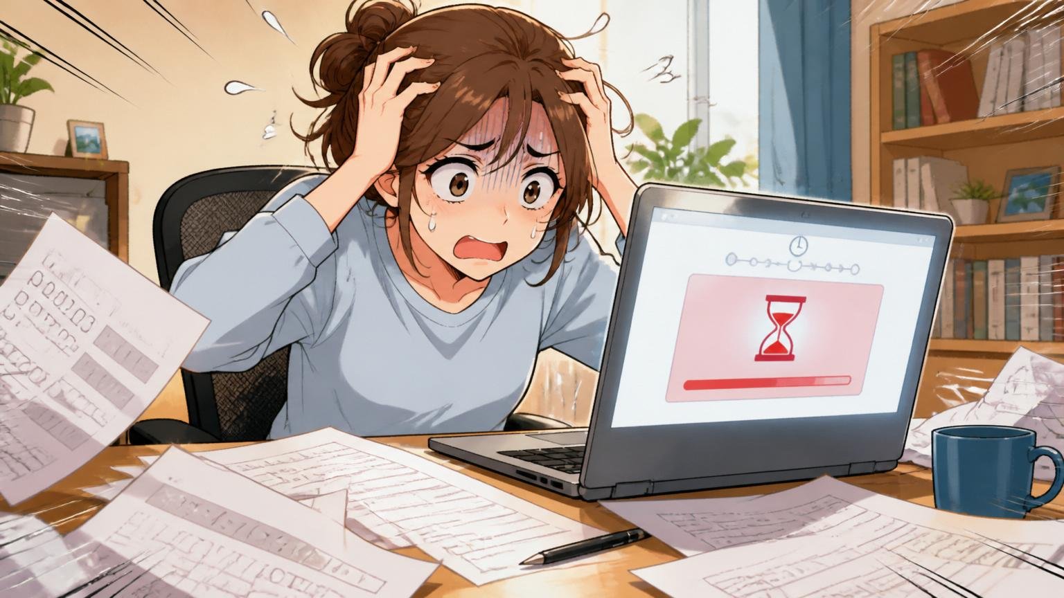 原因③適性検査（性格・処理速度）で振るわなかった。自宅のデスクで在宅勤務中の30代女性が時間切れの適性検査画面を前に焦った表情、テスト用紙が散らばっている