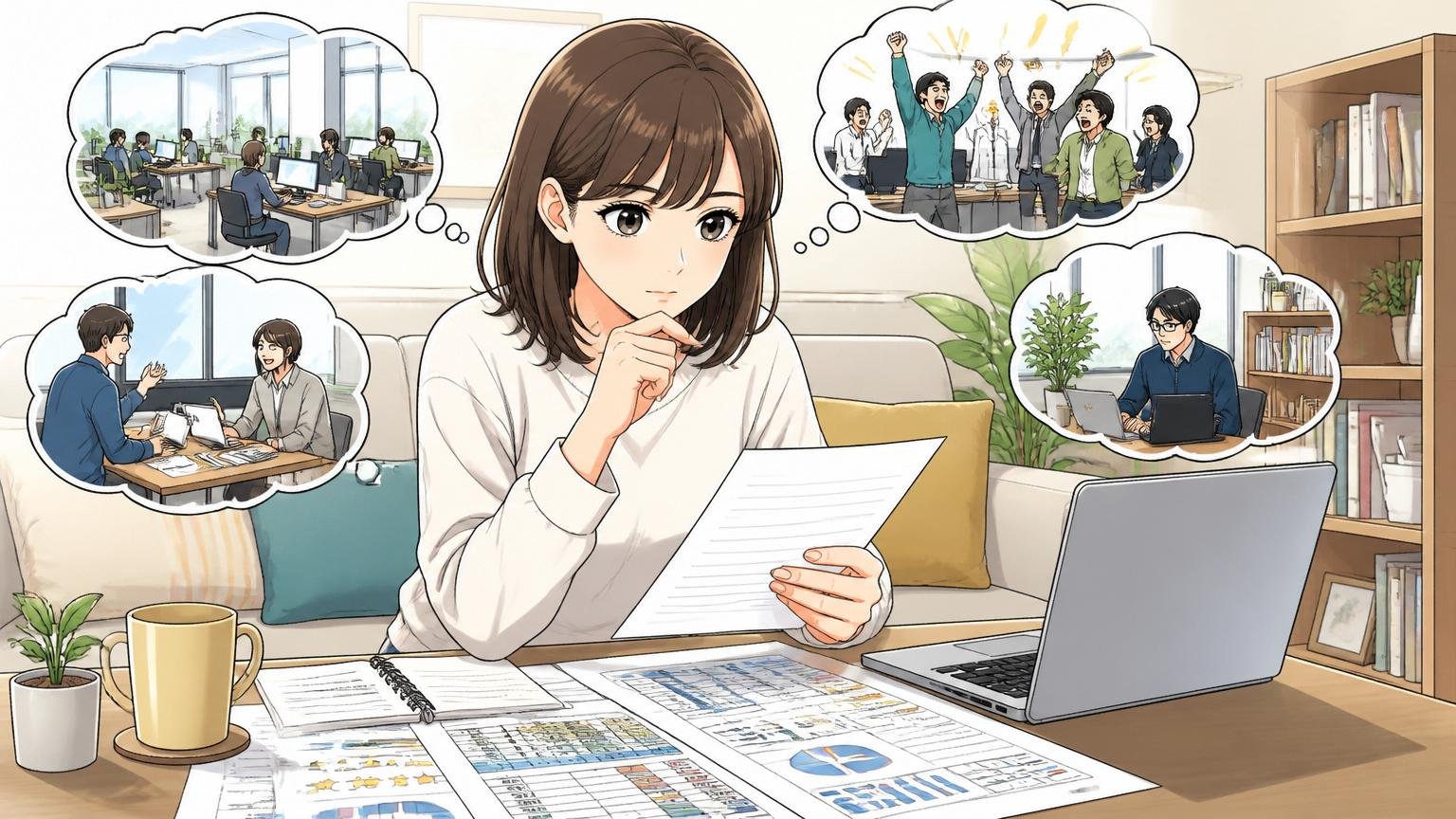 自分にとっての最適な職場環境を冷静に見極めるエンジニア、自宅のリビングで企業情報を比較する30代女性1人