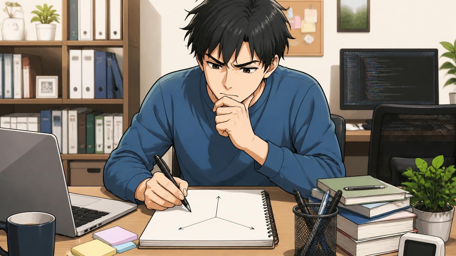 自宅のデスクでノートに3つの軸を書き出して悩むITエンジニア1名が真剣な表情で自己分析する