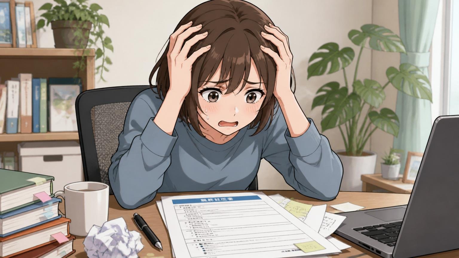 自宅のデスクで在宅勤務、30代女性エンジニアが職務経歴書を書きながら頭を抱えている表情