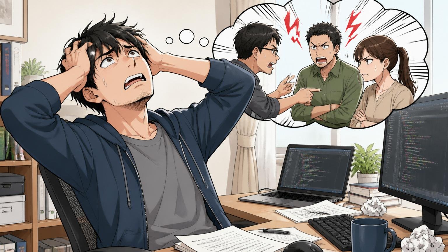 相性が悪かったという誤解、自宅のデスクで30代男性エンジニアが頭を抱えて天井を見上げる