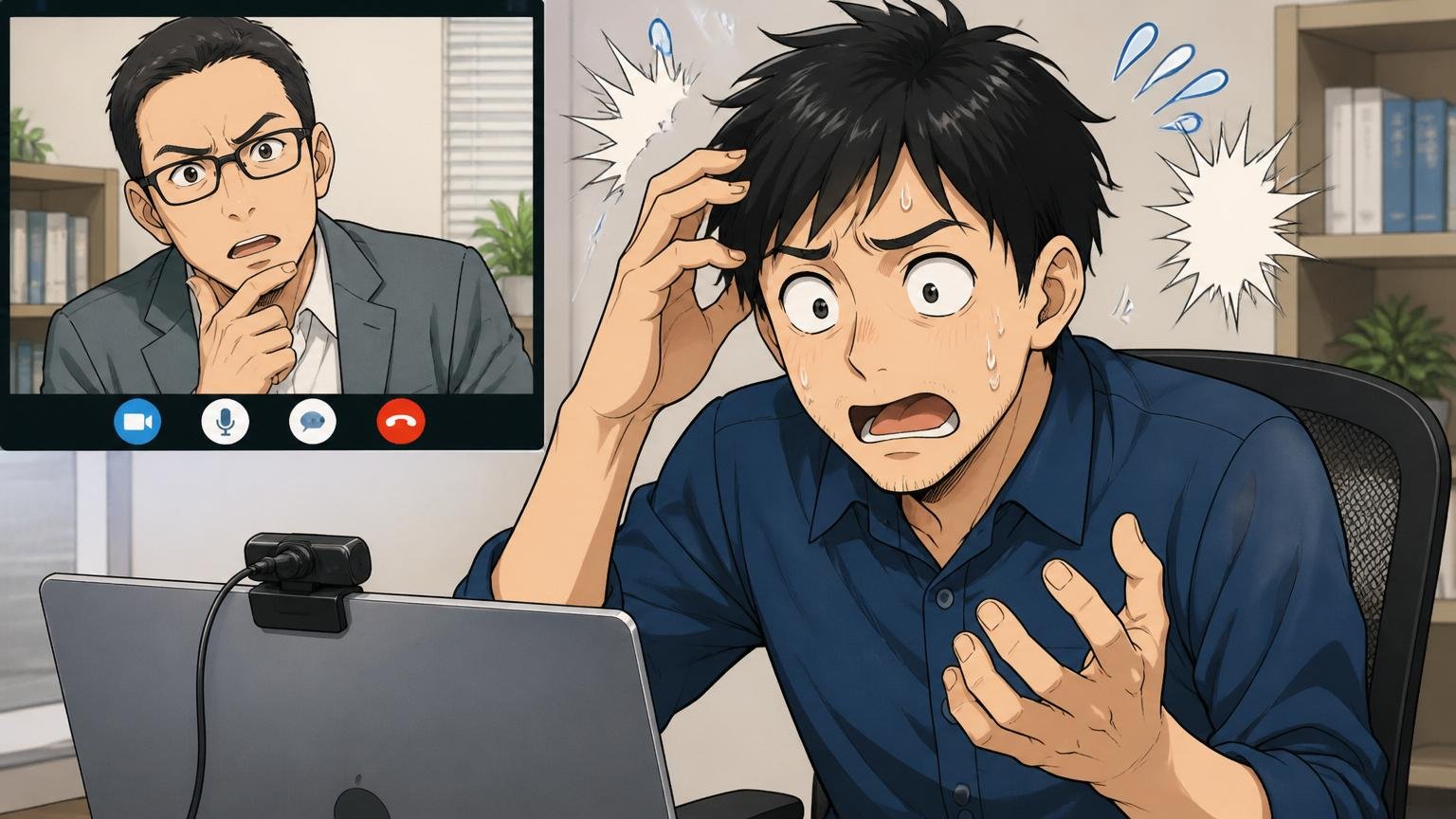 オンライン面接画面で結論から話せず深掘り質問に詰まる30代男性エンジニアの様子