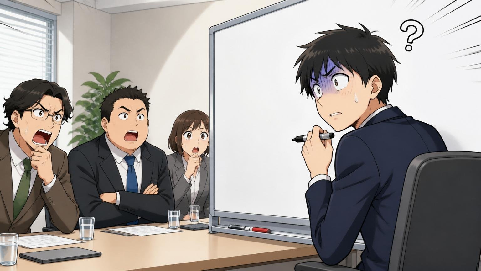企業の会議室で面接 ホワイトボードの前で「IT業界の今後を絵に描いて」と問われた応募者がペンを持ったまま固まる