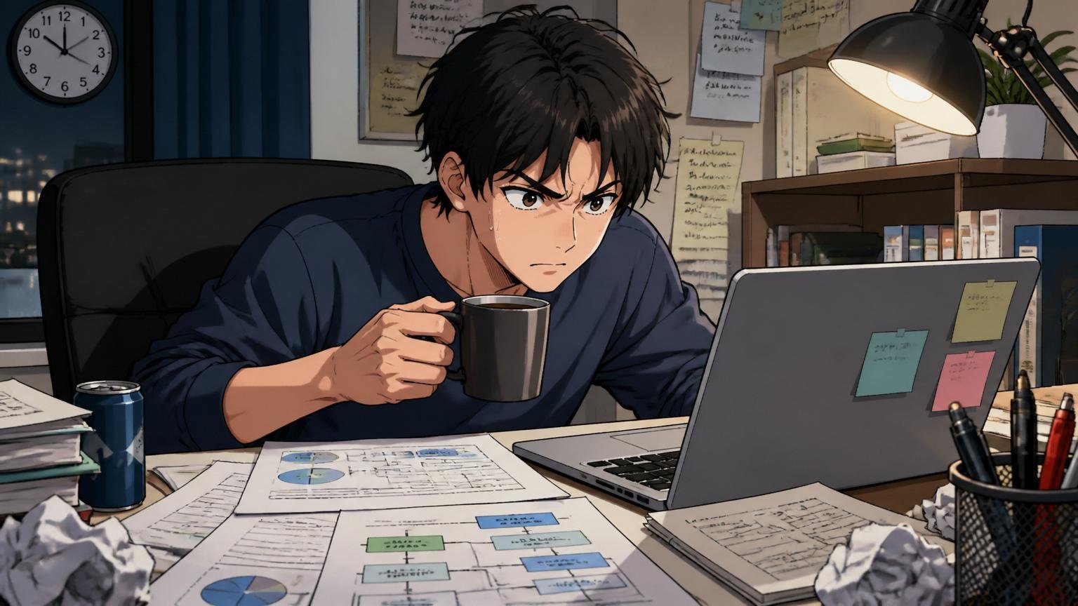 自宅のデスクで深夜にIT業界の資料を広げて眉間にしわを寄せる男性エンジニアがコーヒー片手に画面を凝視するシーン