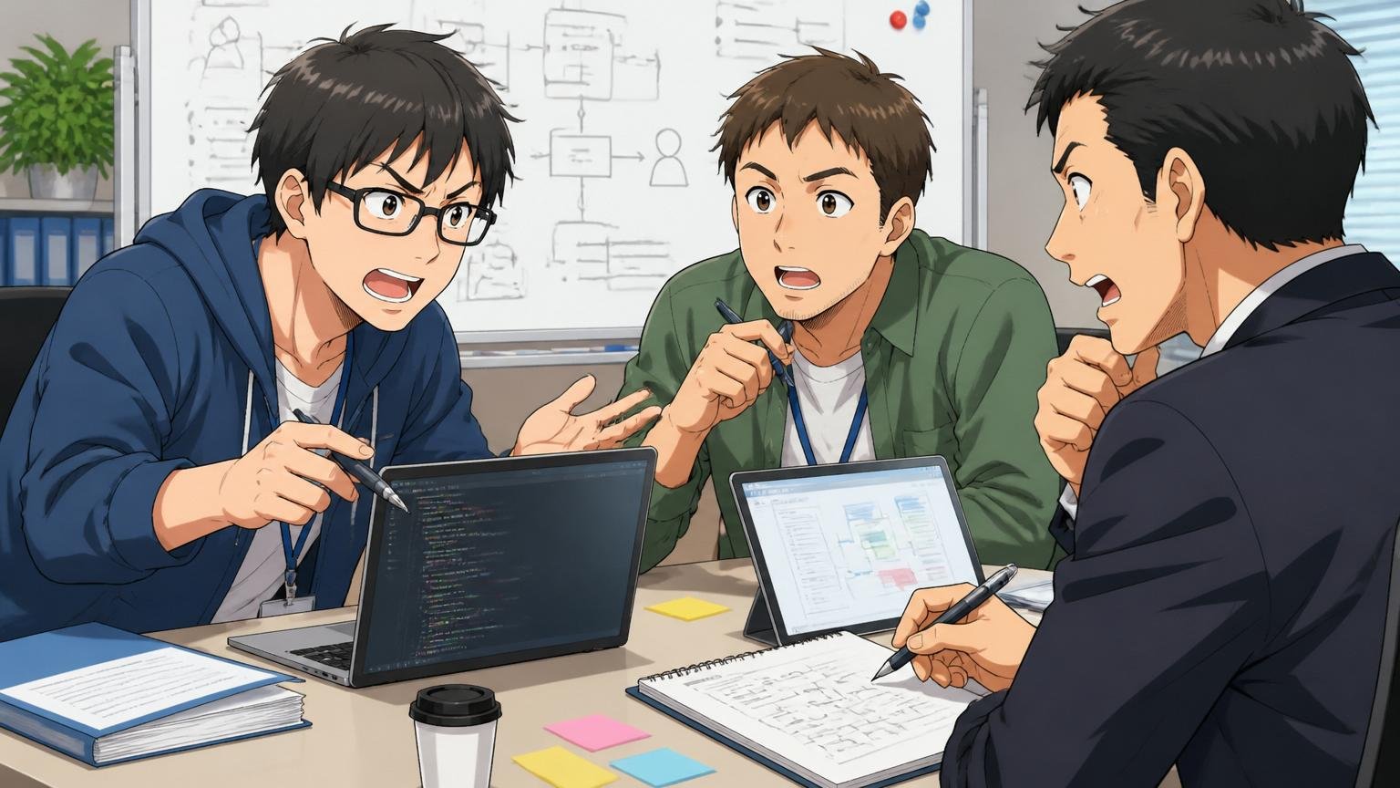 技術志向に寄りすぎ上流工程マネジメント視点ゼロ／SIerの開発現場／30代エンジニア2名と顧客1名／顧客と要件をヒアリングする場面