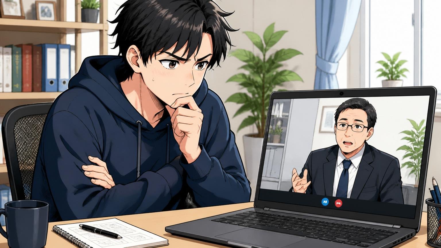 オンライン面接中のノートPCに向かい考え込む30代男性エンジニアと面接官の2画面